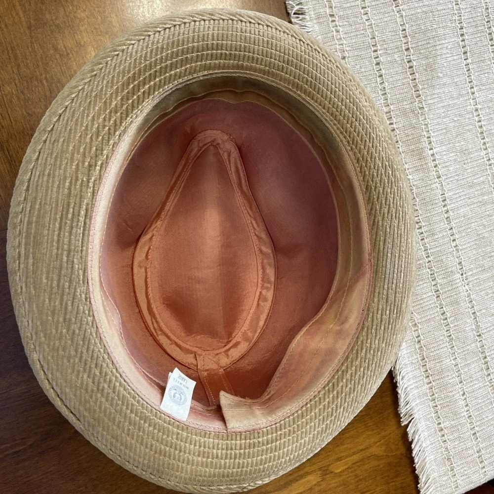 VTG Corduroy Tan Feathered Fedora Men's Hat Made In USA Size L Amalgamated Union
